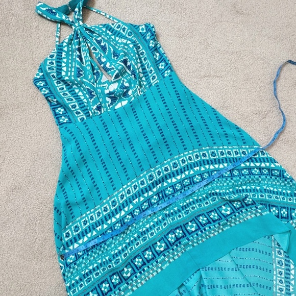BCBG MAXAZRIA Dress Occasion Open Back Halter Top Handkerchief Hem Blue Print - Picture 11 of 16